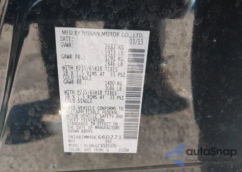 2013 Nissan Pathfinder Sl z USA, uszkodzony, nr VIN 5N1AR2MM4DC660271